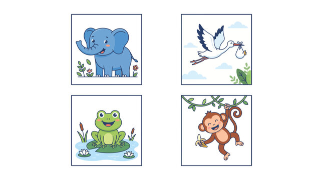 Cute vector illustration set of four baby animal cards including elephant, stork, frog, and monkey in doodle outline style