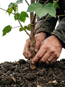 Organic farming hands planting a young tree in dark soil, sustainable agriculture and reforestation concept, gardener working with sapling