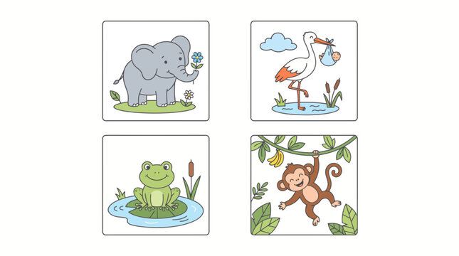 Cute vector illustration set of four baby animal cards including elephant, stork, frog, and monkey in doodle outline style