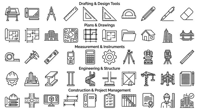 Architectural Drawing Linear Icon Collection with Engineers, Blueprints, Measuring Tools, CAD Design, Building Plans, Surveying, and Construction Projects