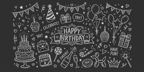 Happy Birthday Chalkboard Doodle Icon Set with Party Elements © Ayesha