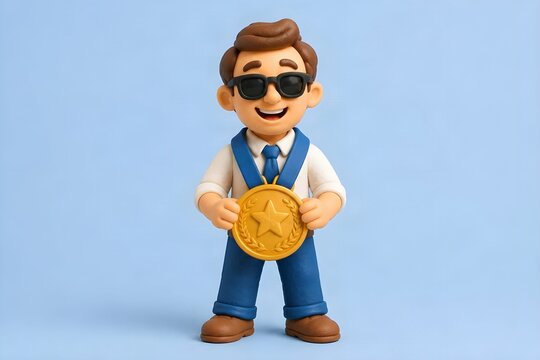3D rendered man in sunglasses wearing a giant gold medal with star and laurel wreath, achievement and recognition concept illustration on light blue background
