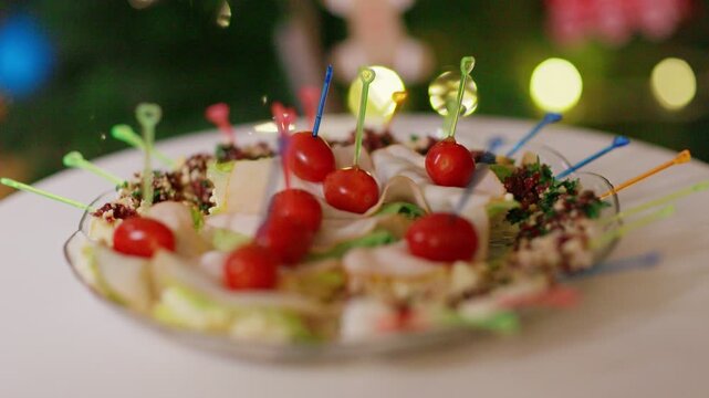 Festive Platter of Delicious Canap s with Cherry Tomatoes and Skewers