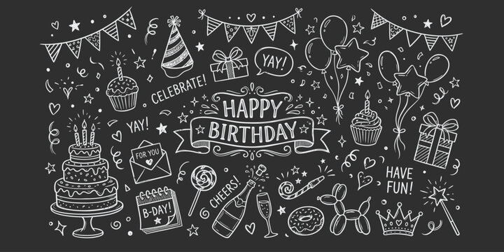 Happy Birthday Chalkboard Doodle Icon Set with Party Elements