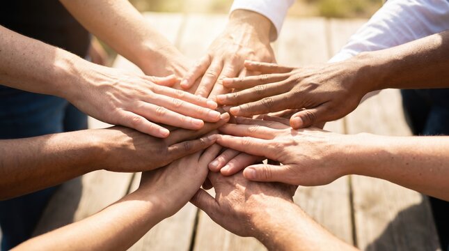 Diverse multiethnic group of people stacking hands for teamwork and unity on wooden background