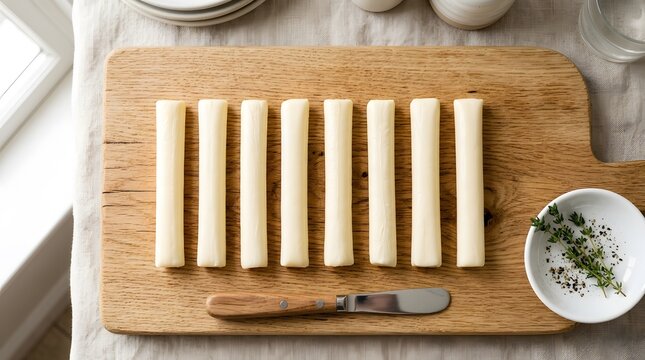 Fresh string cheese sticks arranged on a wooden cutting board with a small herb bowl perfect for national string cheese day ()
