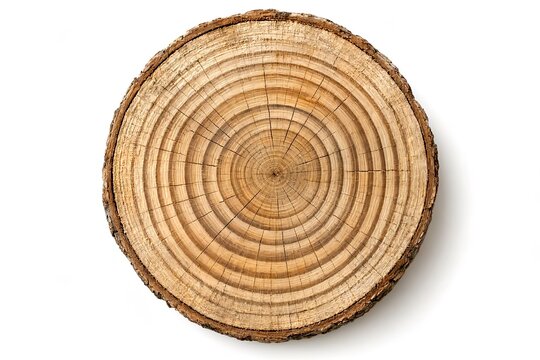 Top view of a round wood cross section with distinct annual growth rings and rough bark, isolated on a clean white background