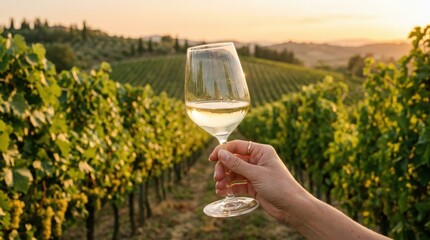 Fototapeta premium Woman holding wine glass with white wine in front of Tuscan vineyard