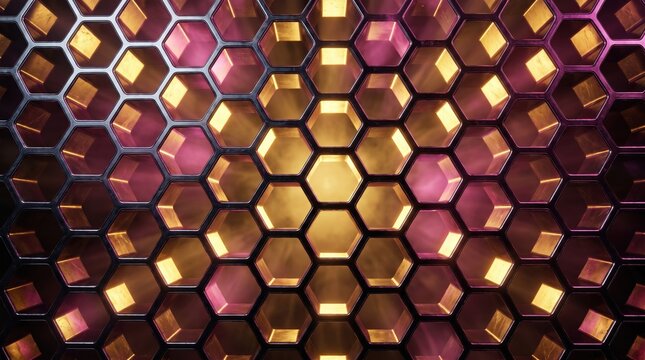 Abstract 3D Glowing Hexagonal Honeycomb Grid Background with Gold and Purple Light