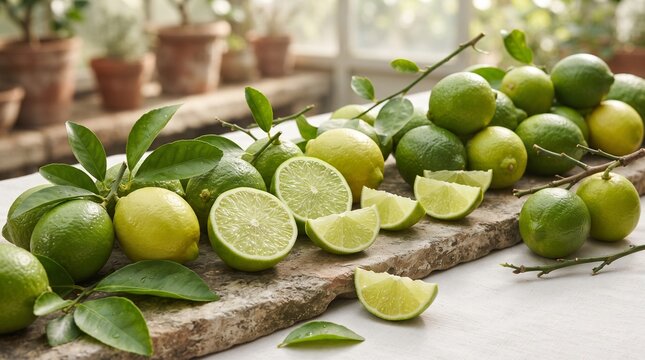 Fresh whole and sliced green limes and yellow lemons with leaves on a rustic stone board