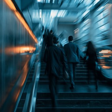 Business professionals moving up modern corporate stairs with speed. Business team advancing with motion blur, embodying progress and urgency in a corporate setting