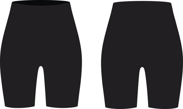 Black biker shorts vector illustration featuring front and back view of women sportswear silhouette mockup template.