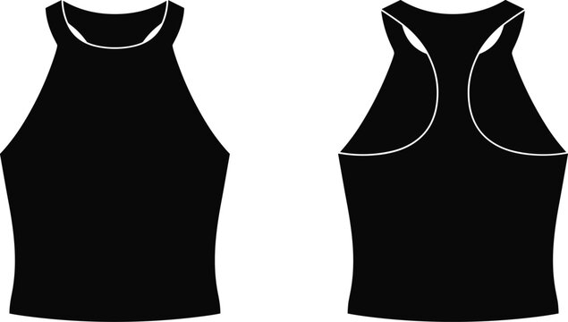 Black halter neck crop top racerback sports bra vector illustration featuring front and back view silhouette mockup.