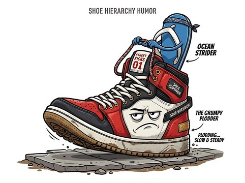 Shoe hierarchy humor illustration, grumpy red sneaker character and blue flip flop ocean strider, funny footwear cartoon concept
