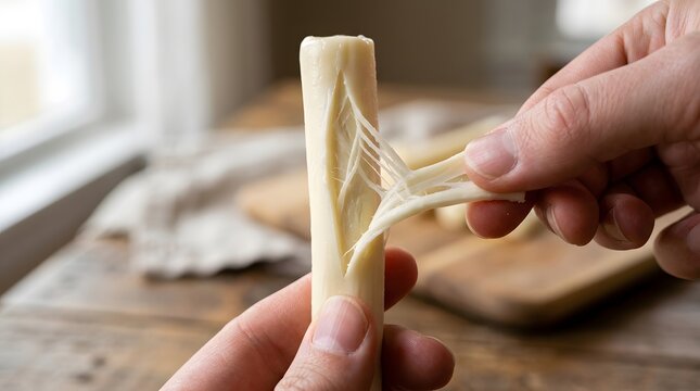 Close up of hands peeling a fresh mozzarella string cheese stick for a healthy snack, perfect for national string cheese day