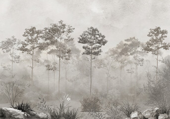 Misty foggy forest wallpaper, vintage sepia trees in fog, moody woodland mural on beige textured background © Mondal Creation