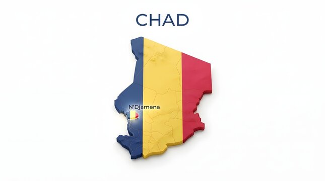 3d map of chad with national flag texture and n'djamena city capital location marker