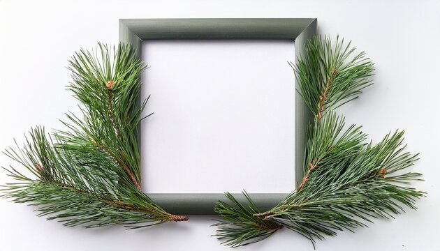 square picture frame with pine branches isolated on white background