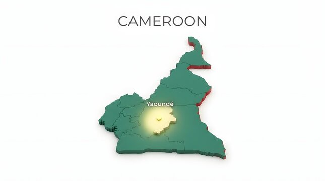 3d map of cameroon with highlighted yaounde capital city location on a simple green country shape