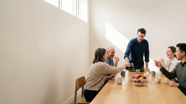Team breakfast the moment he sets the second pot down and someone reaches across for it, informal morning at work with copy space