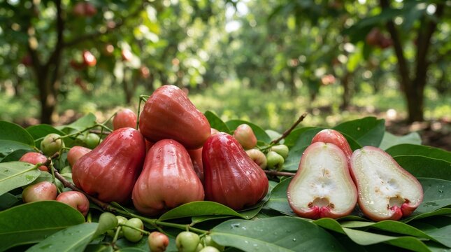 Fresh Red Wax Apples and Sliced Rose Apple on Green Leaves in a Tropical Orchard