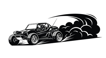 Naklejka premium Dune buggy with smoke trail black and white vector silhouette