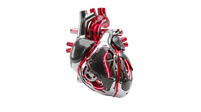 Cybernetic mechanical heart engine with chrome valves and glowing red tubes, isolated on white background