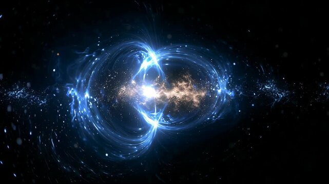 Stars move around each other connected by a glowing gas bridge in deep space. This is an interesting cosmic display of energy and movement.