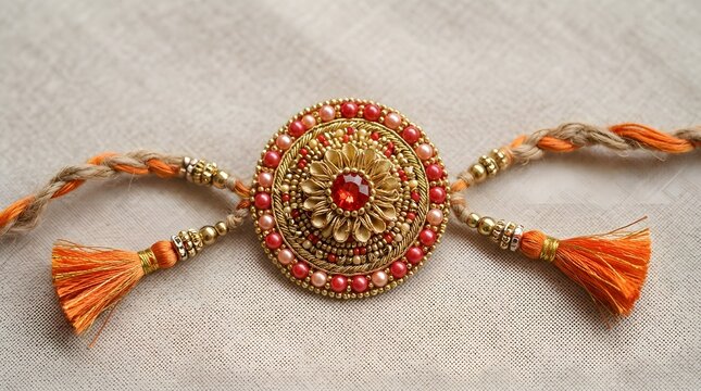 Traditional indian rakhi bracelet with a central circular gold ornament, intricate beadwork, and orange tassels, symbolizing the bond of raksha bandhan