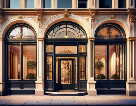 modern luxury boutique storefront facade with classic arched window