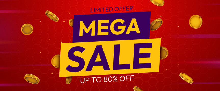 Mega sale banner with golden coins and red background.
