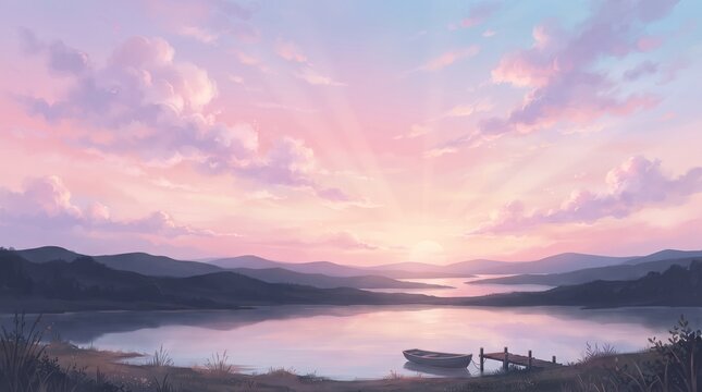 Pastel Sunset Sky Over Peaceful Lake with Wooden Pier and Small Boat, Anime Style Landscape Desktop Wallpaper