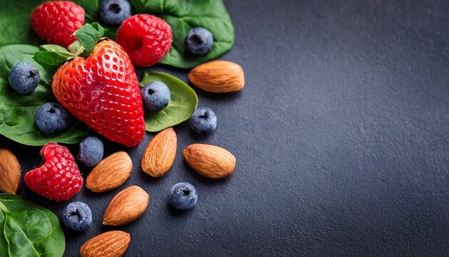 fresh berry spinach almond nut slate background healthy green leaf fruit border with copy space for cooking and nutrition concept