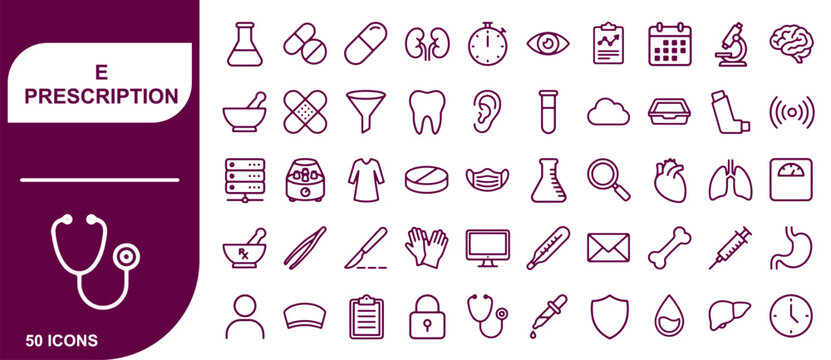 Medical e prescription and healthcare service icons featuring fifty essential diagnostic tools for modern hospital facilities