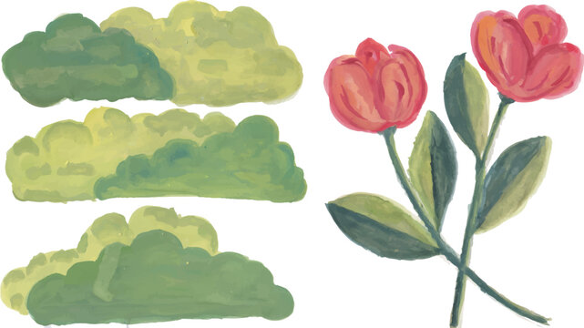 Bushes and Flowers Watercolor Elements Set