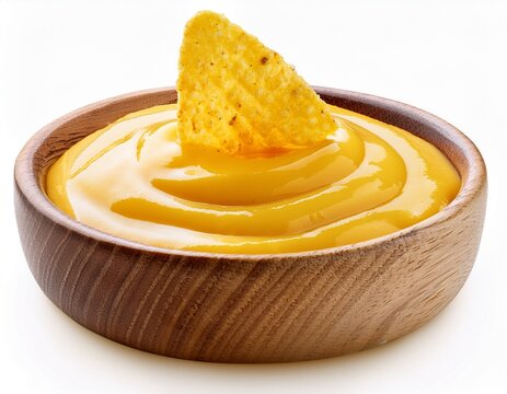 cheese chip sauce with crispy corn chips isolated