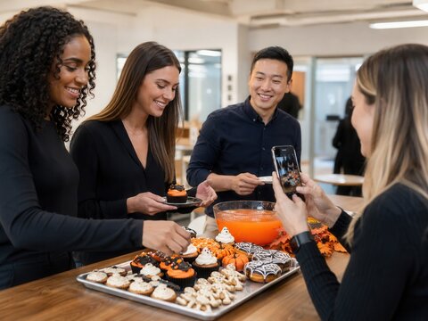 Kollegen genie&szlig;en Halloween-Snacks im B&uuml;ro und fotografieren das Buffet mit dem Smartphone. Moderne Office-Party mit Cupcakes, Keksen, Punsch und herbstlicher Stimmung.
