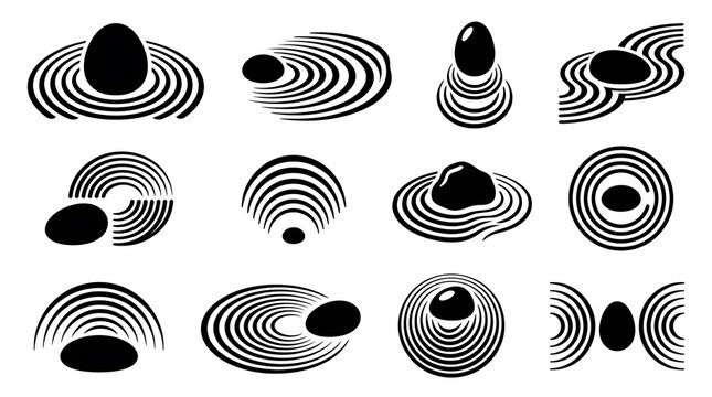 Zen stone garden icons set, black and white rock ripples symbols, minimalist meditation garden graphics, 12 abstract pebble elements