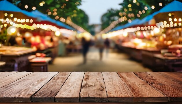 rustic wooden table with blurred outdoor street market background