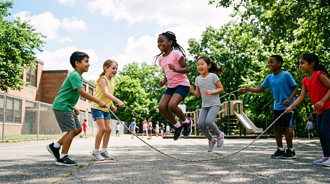 Energetic children of diverse backgrounds joyfully engage in a game of double dutch jump rope on a sunny day, fostering teamwork and active play in an outdoor schoolyard setting.