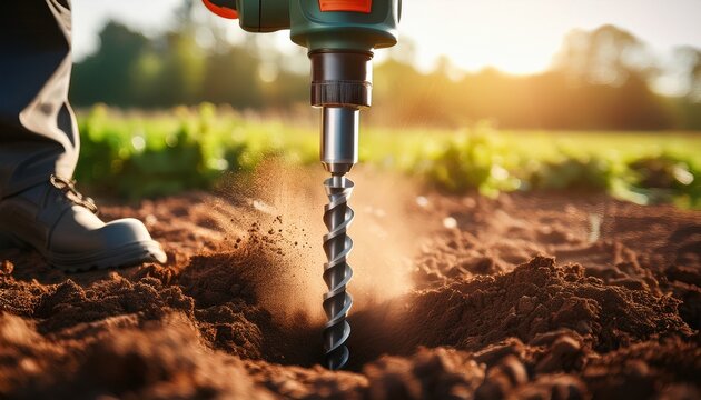 power auger drill digging hole in soil for gardening