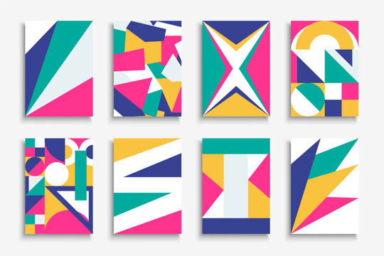 Creative business presentation covers in modern art fashion style. Collection of vector colorful posters with abstract geometric print. Bright trendy placards, brochures, banners, backgrounds