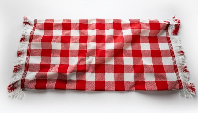 red and white checkered picnic blanket with frayed edges on a white background top view