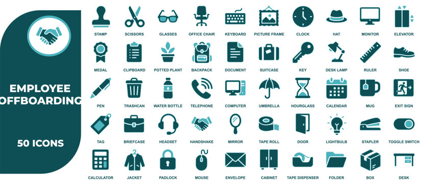 Comprehensive collection of employee offboarding icons for human resources corporate workflow and professional business office management