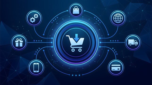 E commerce abstract concept with shopping cart and icons