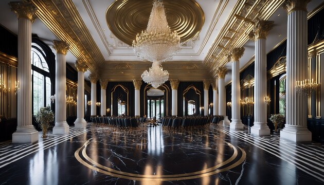 an opulent ballroom with dark marble floors and gold accents the walls are lined with corinthian columns and the ceiling is coffered and decorated with a large chandelier
