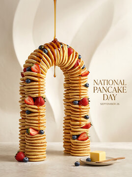 National pancake day conceptual arch made of stacked mini pancakes and fresh