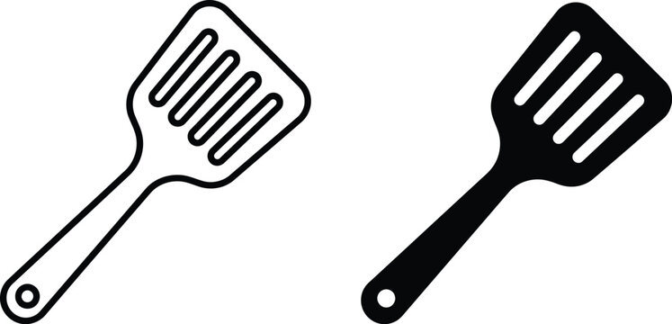 Kitchen spatula icon vector illustration set in outline and solid black styles with cooking utensil