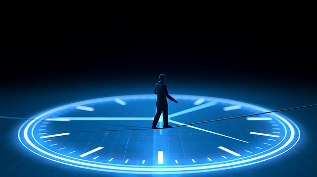 A business person walk on tightrope above glowing blue clock face in dark space, concept of time management pressure and deadline risk