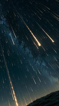Bright streaks of light move across a starry nebula sky above dark mountain silhouettes during nighttime